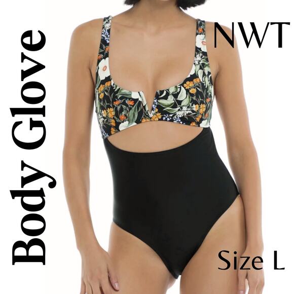 NEW BODY GLOVE Swim One Piece Eli Inflorescence Black Floral Cut-Out Size Medium - Picture 1 of 7